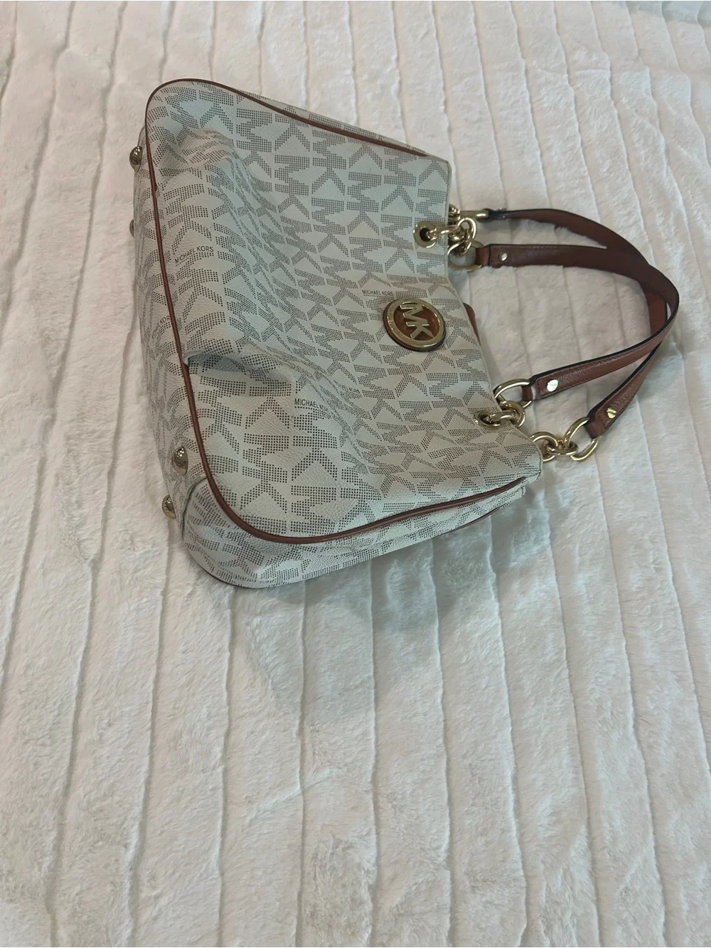MICHAEL KORS Beige Logo Canvas Tote with Brown Trim and Gold Hardware